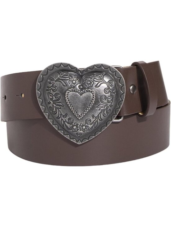 Accessories - Women Coffee With Heart-shaped Buckle Soft Faux Leather Vintage Y2k Cowgirl Belt